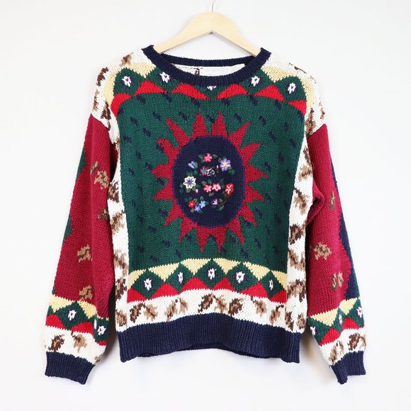 The Eagle's Eye Sweaters - RARE Vintage 1989 The Eagle's Eye Floral Sunburst Hand Knit Sweater M